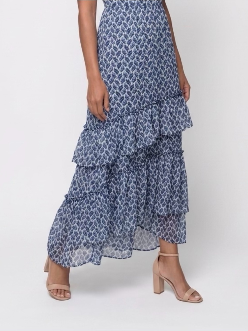 H&M Blue Printed Tiered Hi-low Maxi Skirt